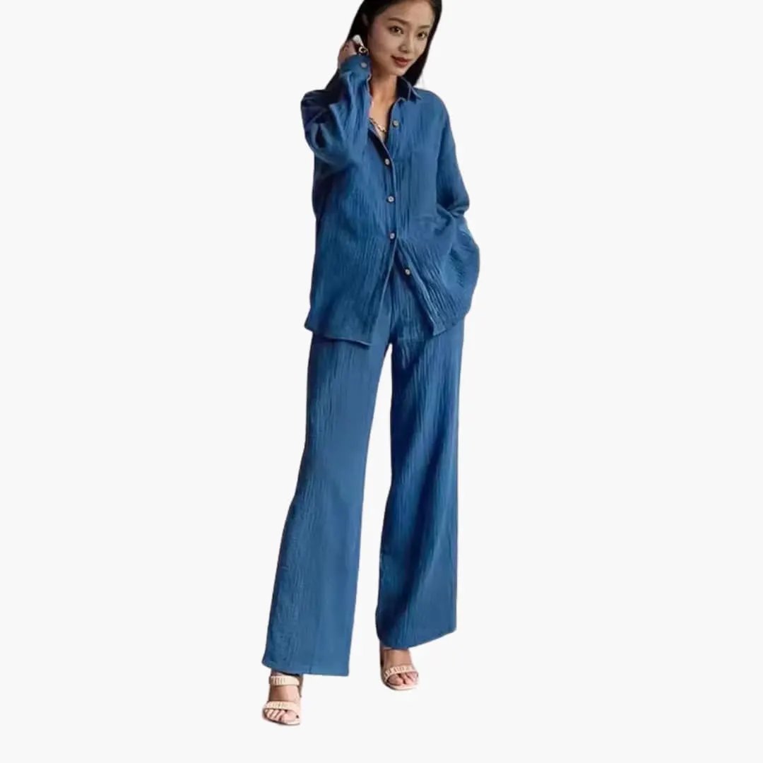 Women’s Button-Down Shirt and Wide-Leg Pants Set, blue satin-style fabric by Wilfred Smith.