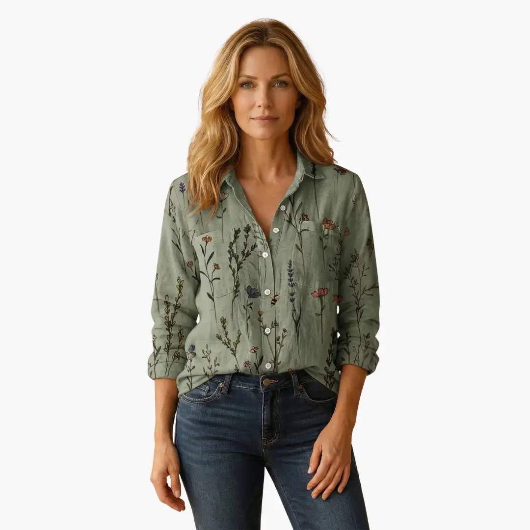 Women's Button-Down Shirt by Wilfred Smith in olive green with floral print and long sleeves