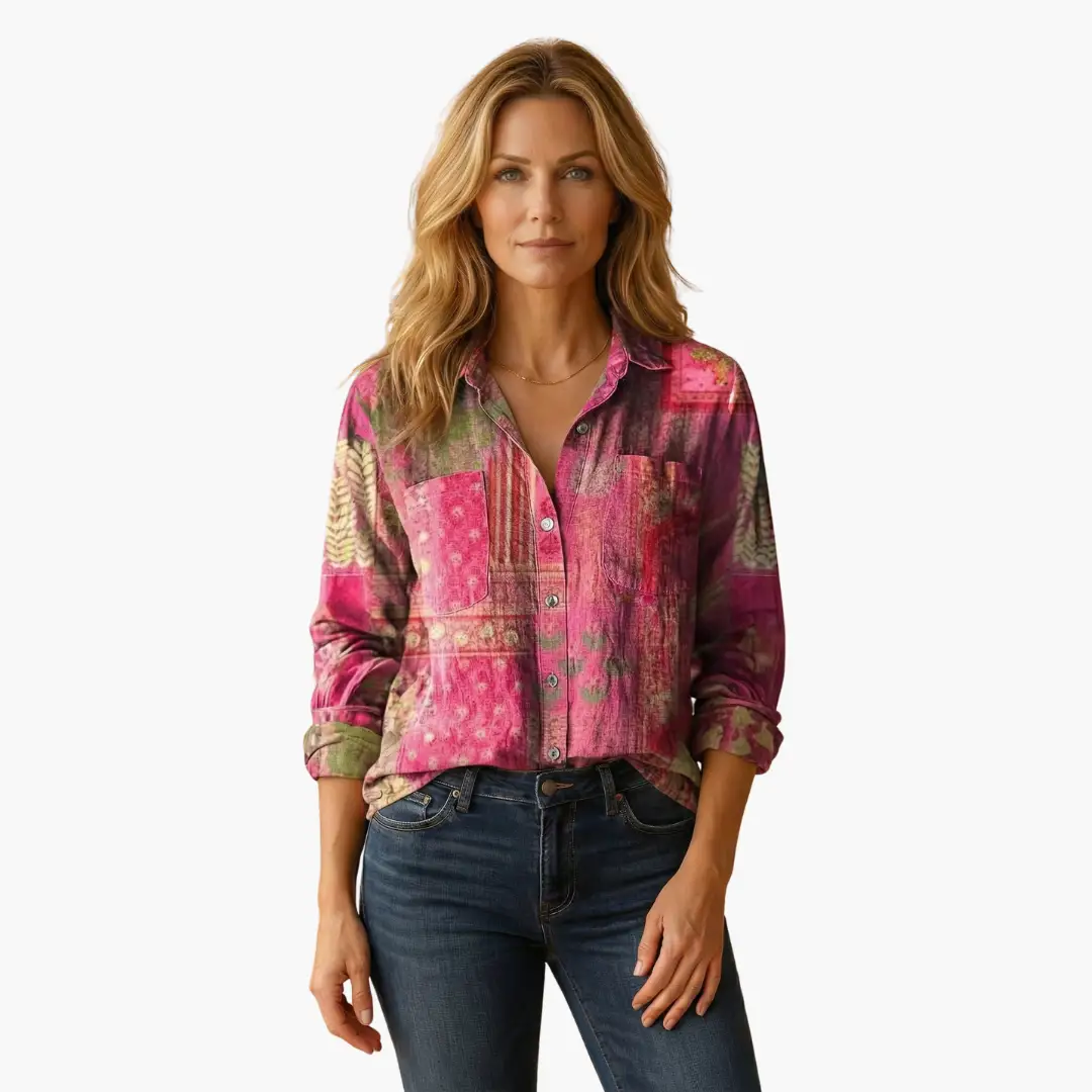 Women’s shirt by Wilfred Smith; pink patchwork button-down with classic collar and long sleeves.