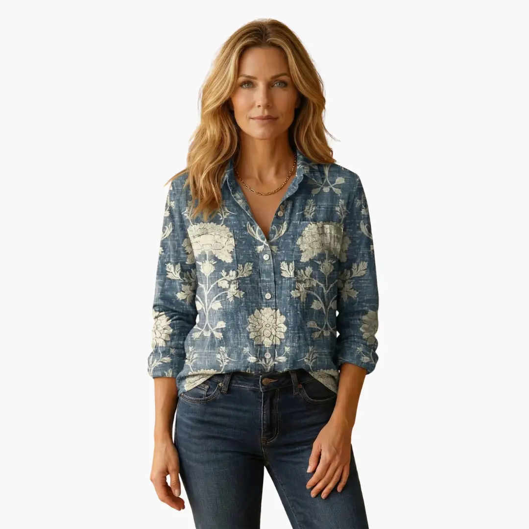 Women’s Button-Down Shirt in blue floral print with classic collar and long sleeves