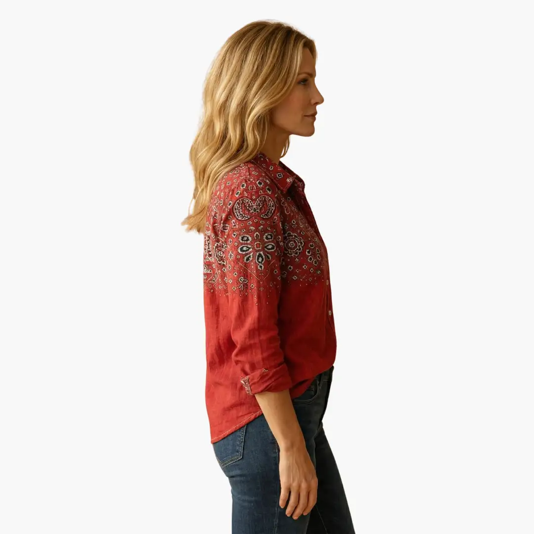 Women's red button-down shirt with a classic collar, long sleeves, and paisley bandana print