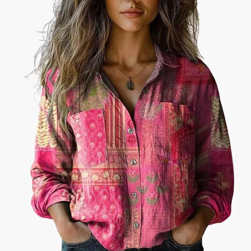 Women’s shirt by Wilfred Smith: pink patchwork button-down with classic collar and long sleeves