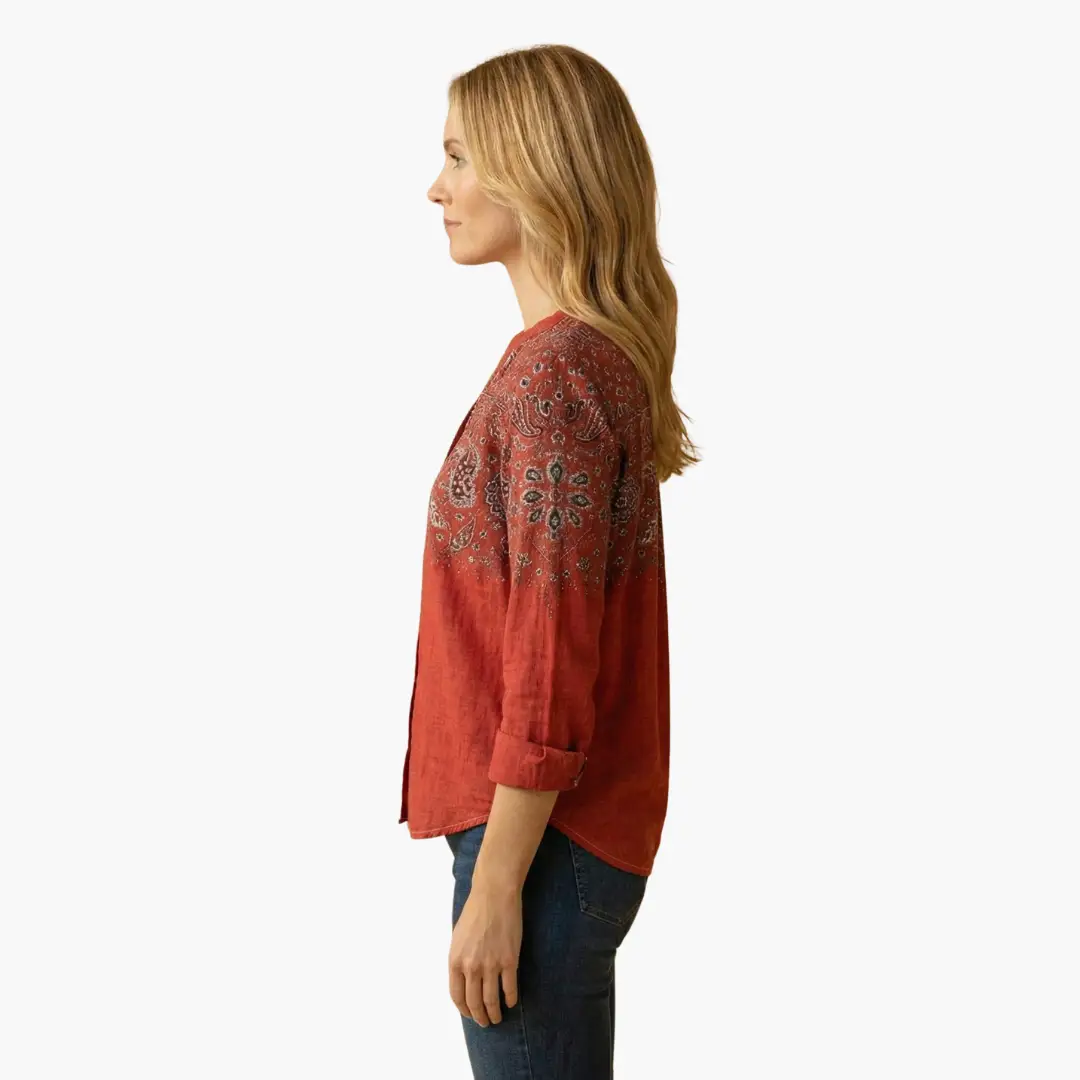 Women’s Button-Down Shirt by Wilfred Smith; rust-orange with paisley-print yoke and long sleeves
