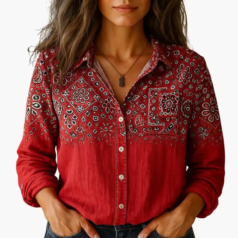 Women's button-down shirt in red bandana print by Wilfred Smith with classic collar and long sleeves