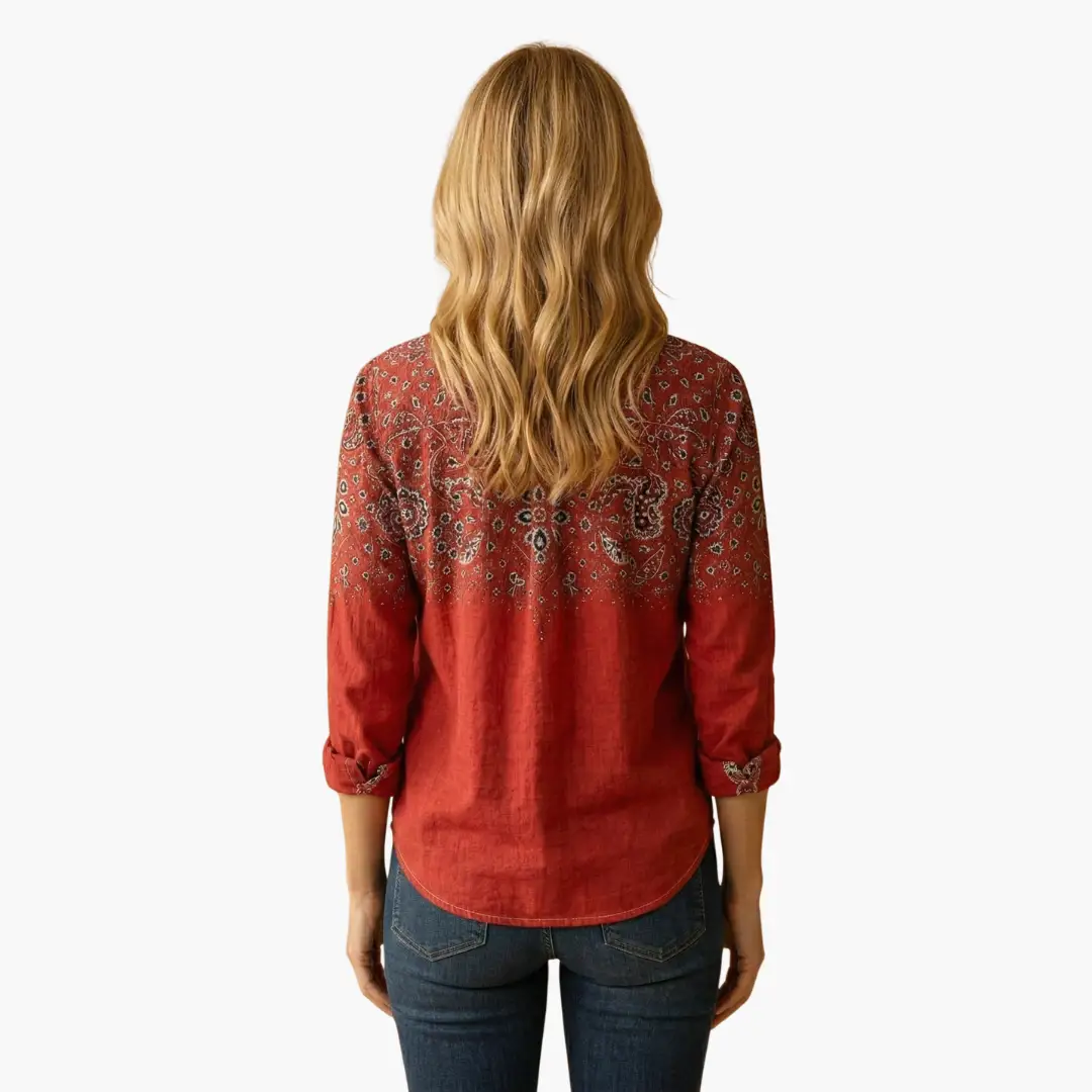 Women’s Button-Down Shirt by Wilfred Smith, red two-tone design with a patterned upper yoke and rolled sleeves.