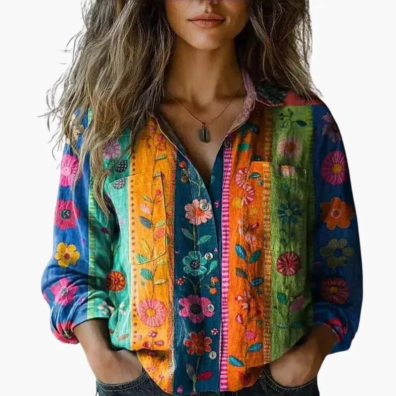 Women’s Button-Down Shirt with classic collar and long sleeves in a bright multicolor striped floral print.