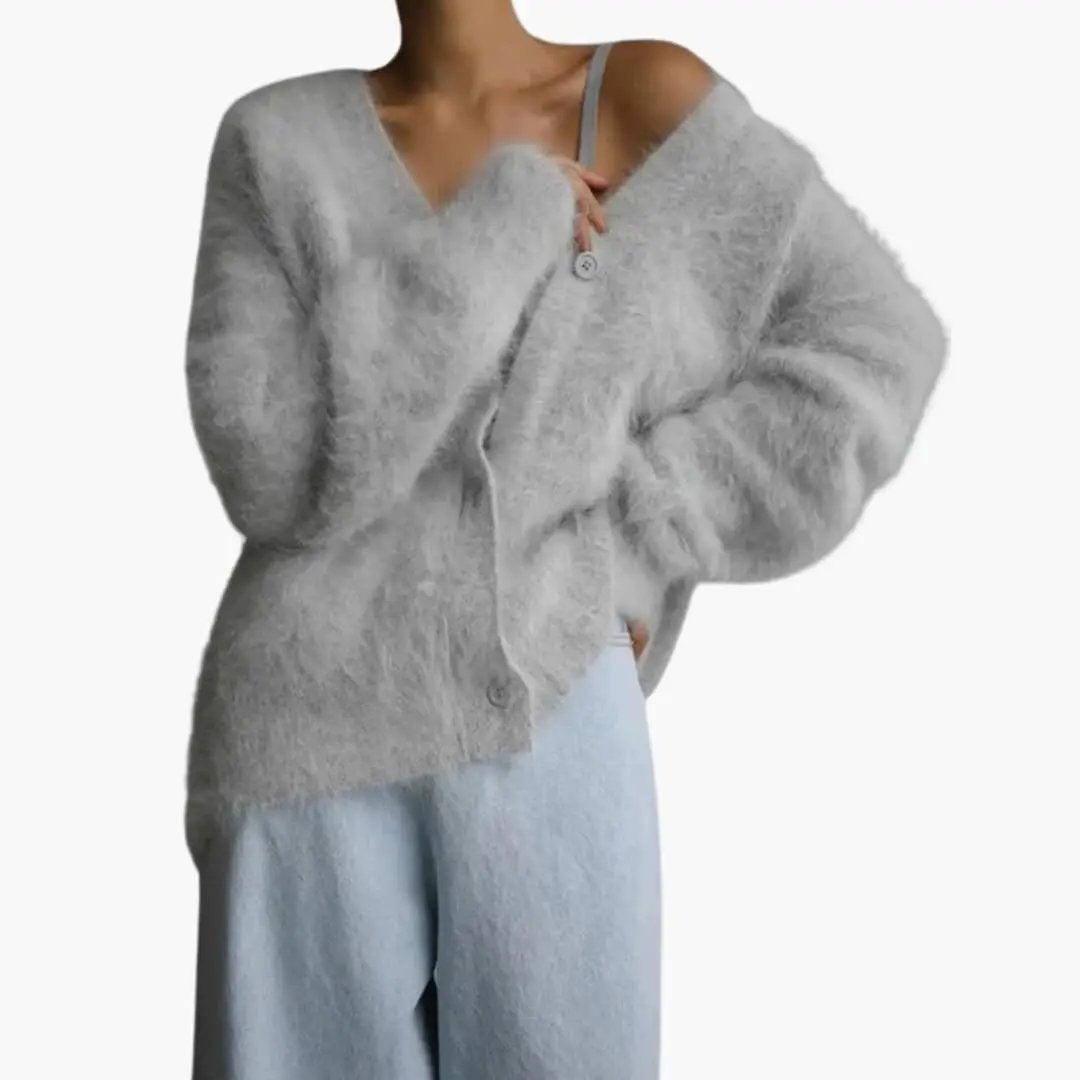 Women’s Button-Front Knit Cardigan with Ribbed Trim in light gray, fuzzy oversized knit (Wilfred Smith)