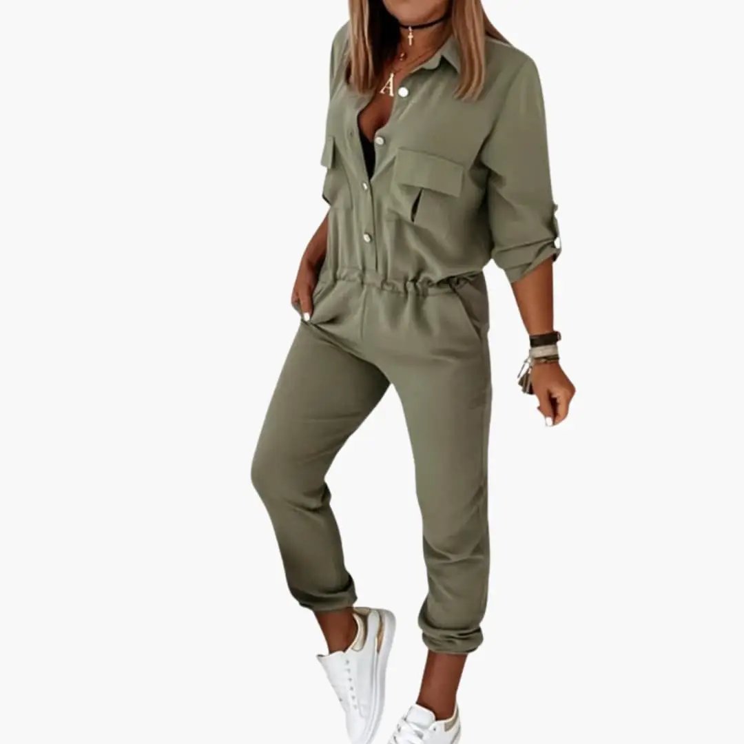Women’s button-front jumpsuit with elastic waist in olive green, utility pockets, straight-leg one-piece Wilfred Smith