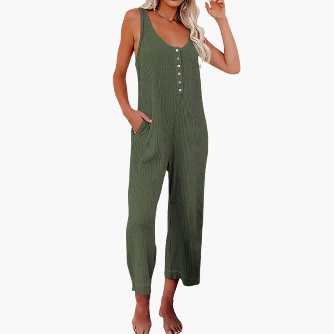 Women's button-front sleeveless jumpsuit with pockets in olive green by Wilfred Smith