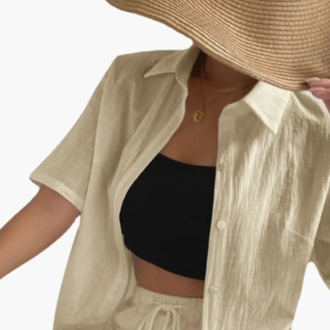 Women's Button Front Shirt and Drawstring Waist Shorts Two-Piece Set by Wilfred Smith in beige linen-look fabric