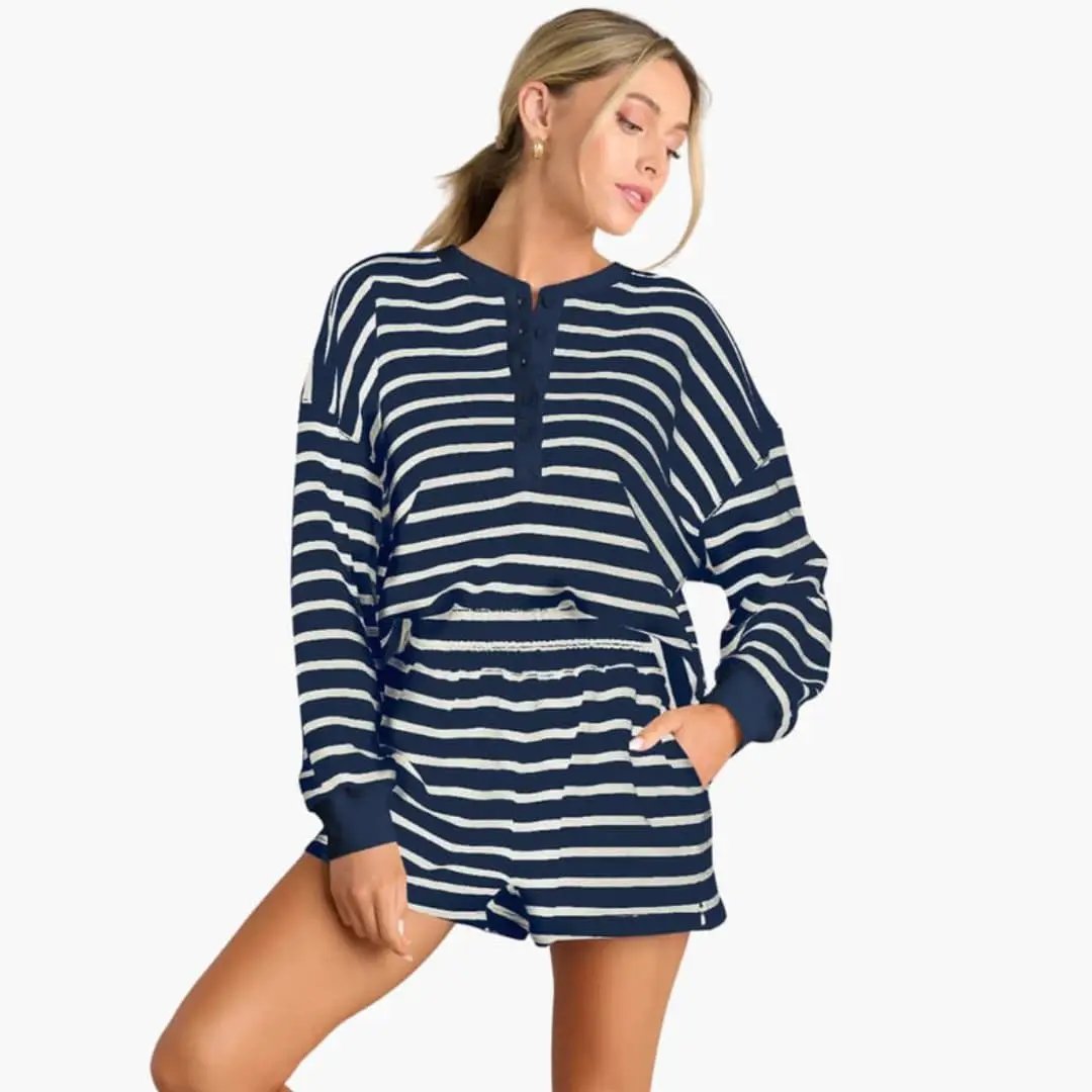 Women's two-piece set: navy and white striped button-placket top with matching elastic-waist shorts