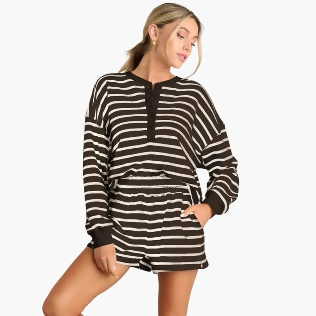 Women's two-piece set with brown and white striped button-placket top and elastic-waist shorts, Wilfred Smith