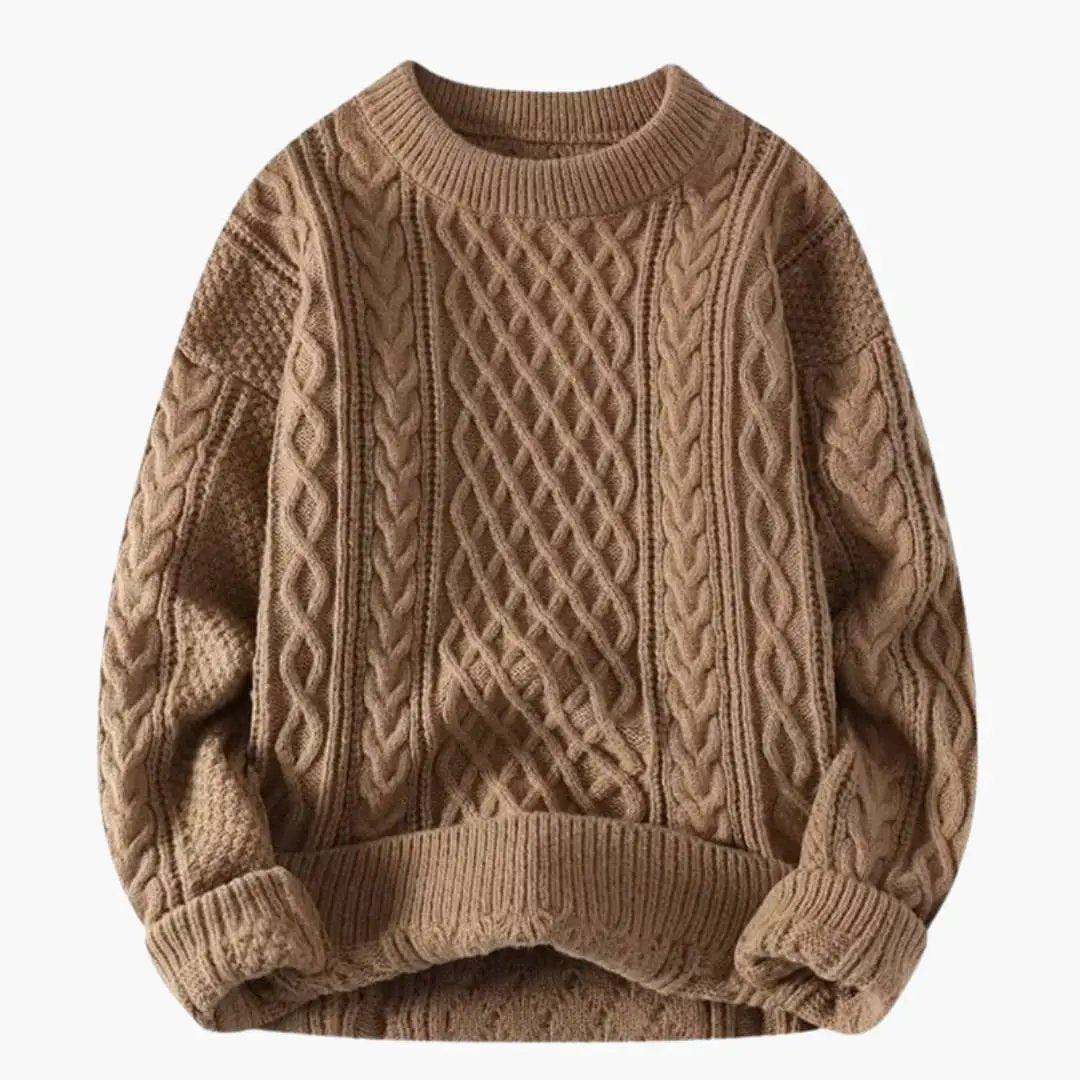 Women's camel cable-knit sweater with round neck, long sleeves, ribbed cuffs and hem.