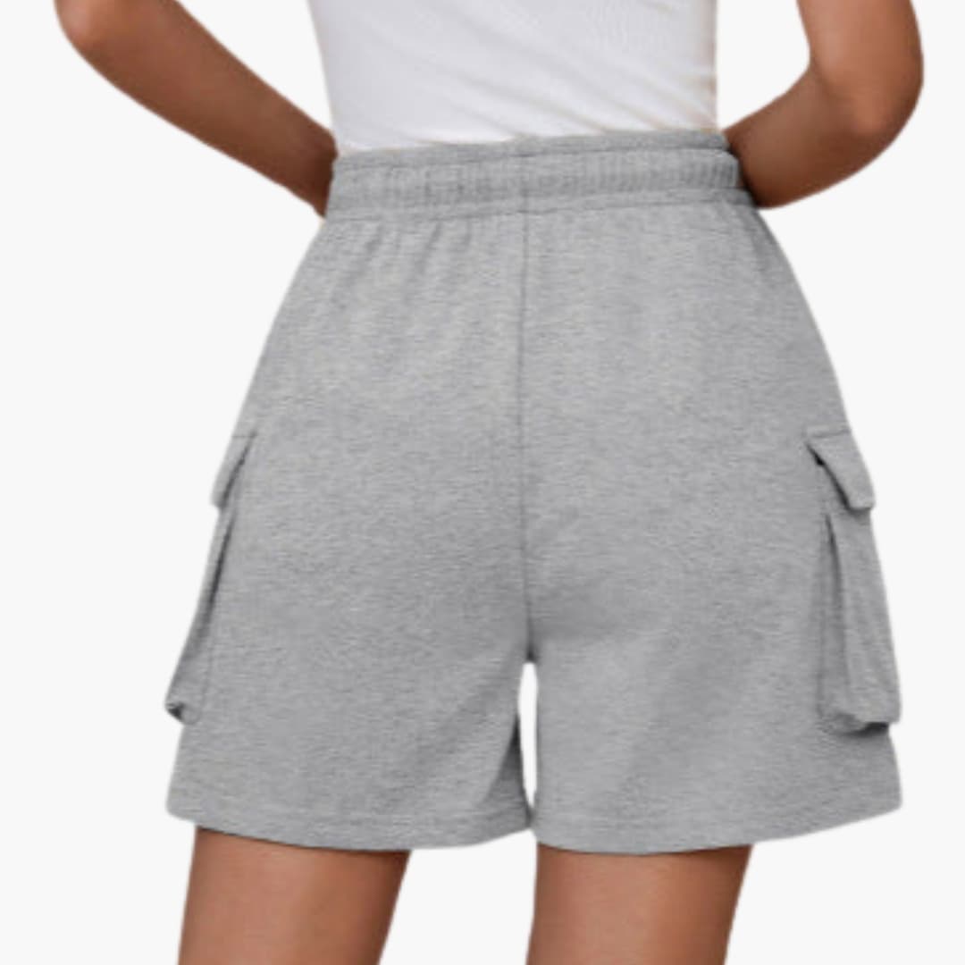 Women's cargo shorts with elastic waistband and large side cargo pockets in gray cotton-blend fabric.