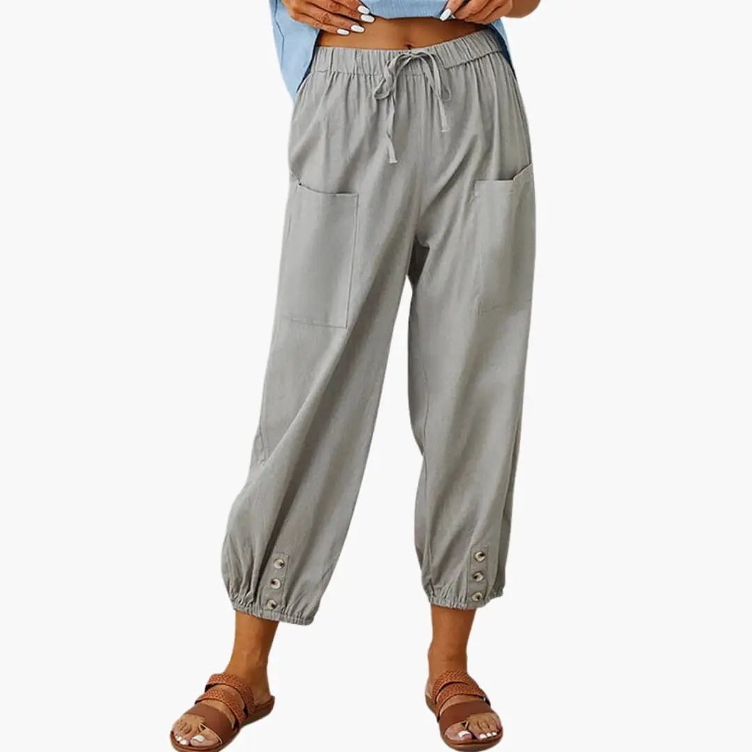 Women's casual pants with drawstring and side pockets in gray by Wilfred Smith