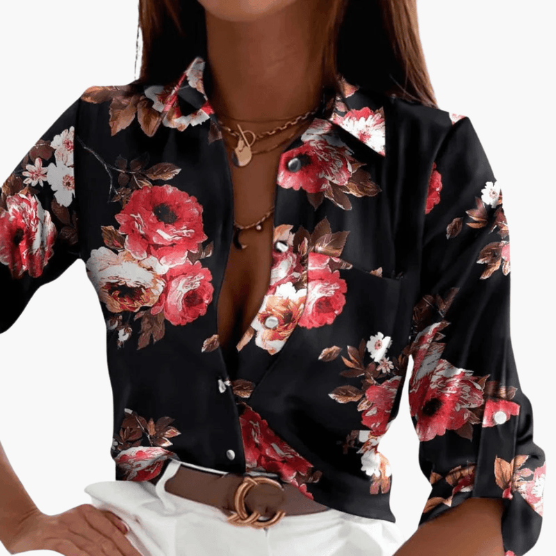 Women’s Blouse with black floral print and long sleeves
