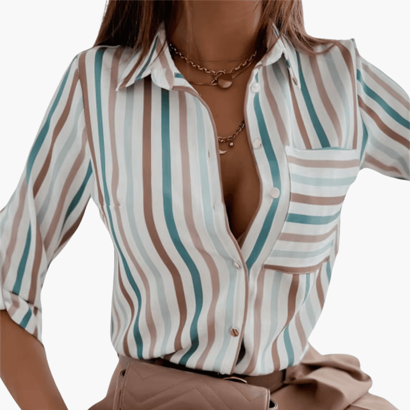 Women’s long-sleeve blouse with teal, white and tan vertical stripes; button-down woven top