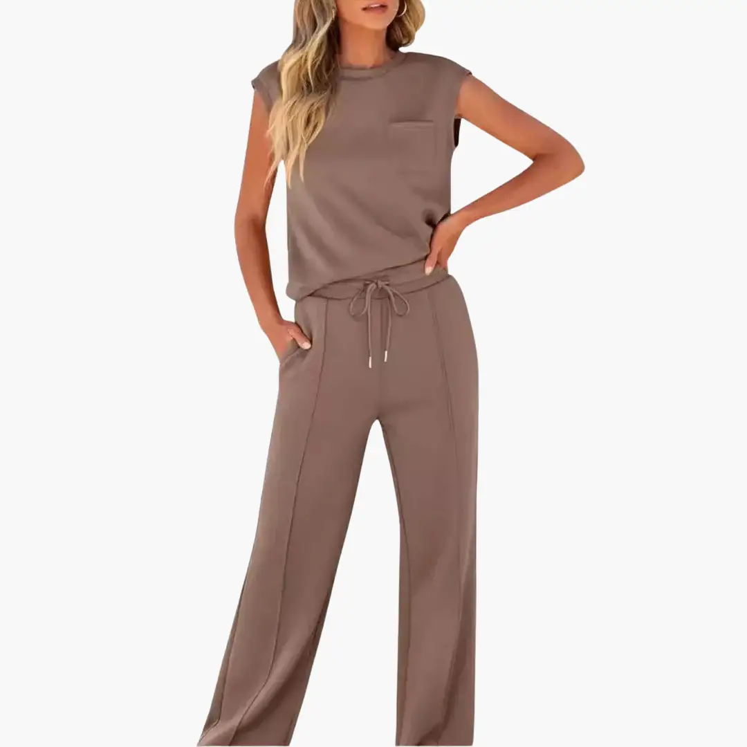 Women's Wilfred Smith taupe two-piece co-ord set with relaxed-fit short-sleeve top and drawstring pants