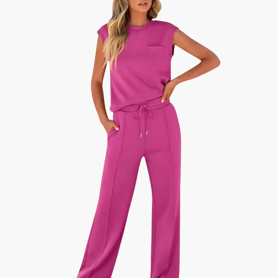 Women's magenta co-ord set, two-piece outfit with relaxed fit and drawstring pants.