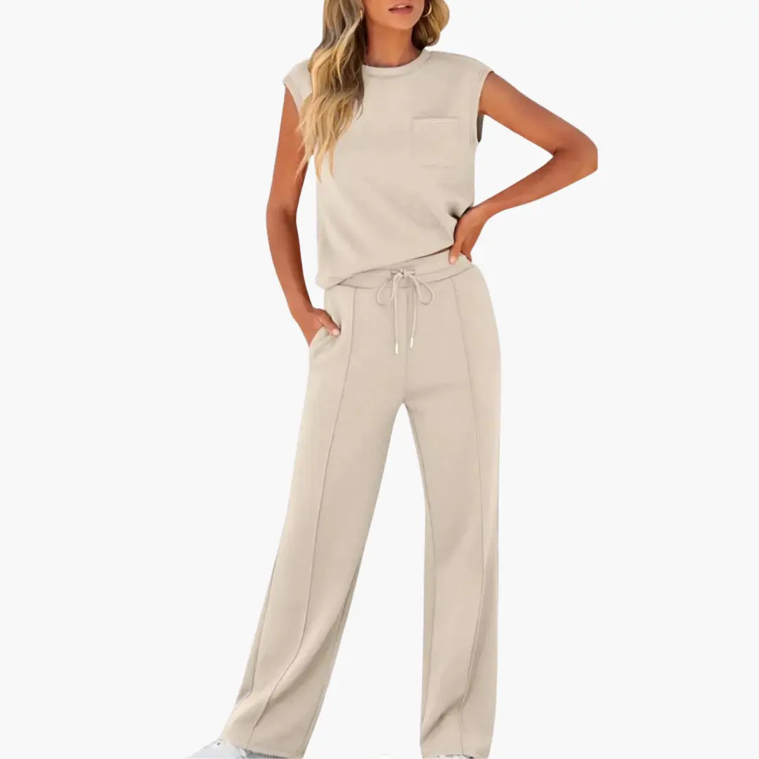 Wilfred Smith Women's Co Ord Set in beige; relaxed-fit two-piece outfit with short-sleeve top and drawstring pants