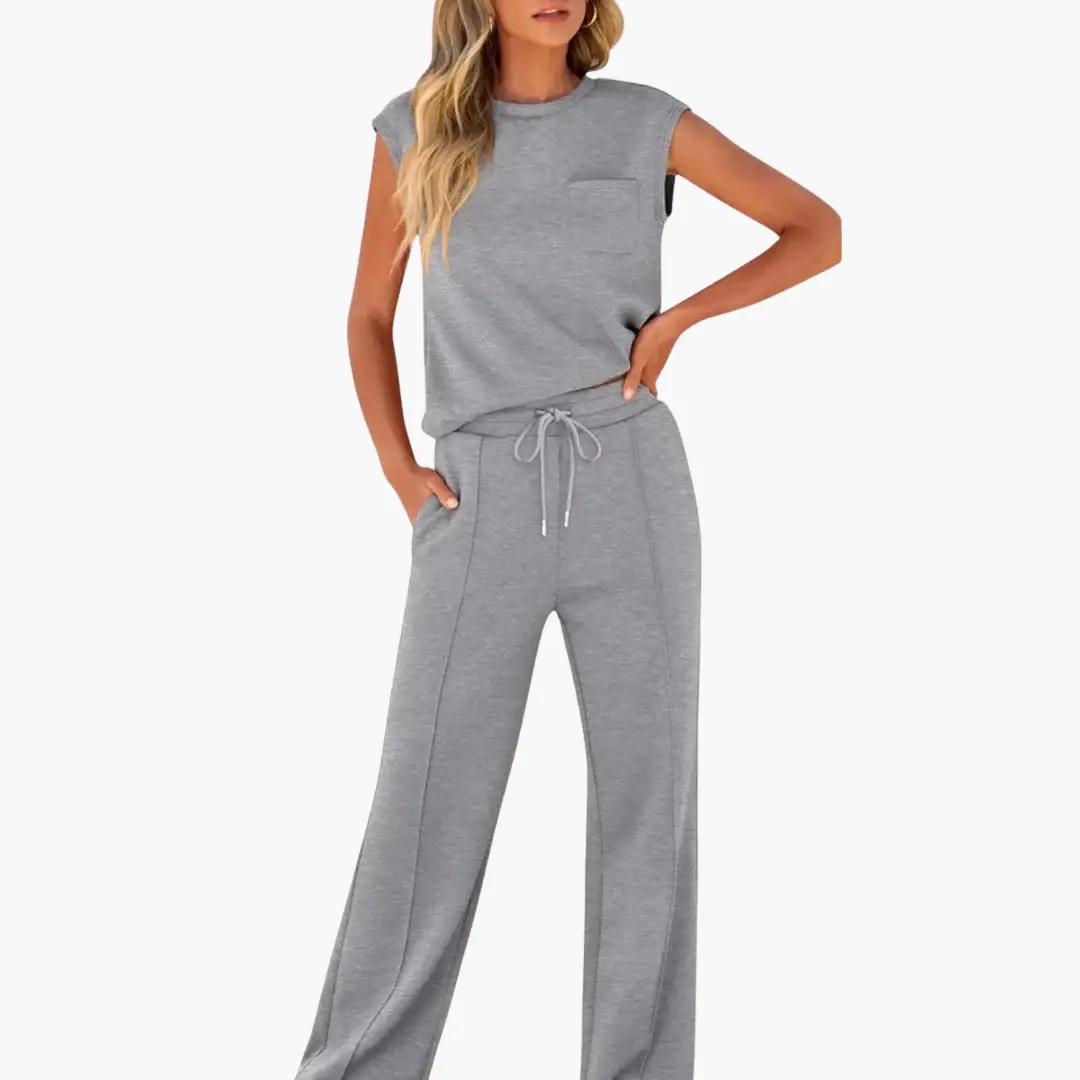 Women's two-piece co-ord set in heather gray with relaxed-fit short-sleeve top and drawstring pants by Wilfred Smith