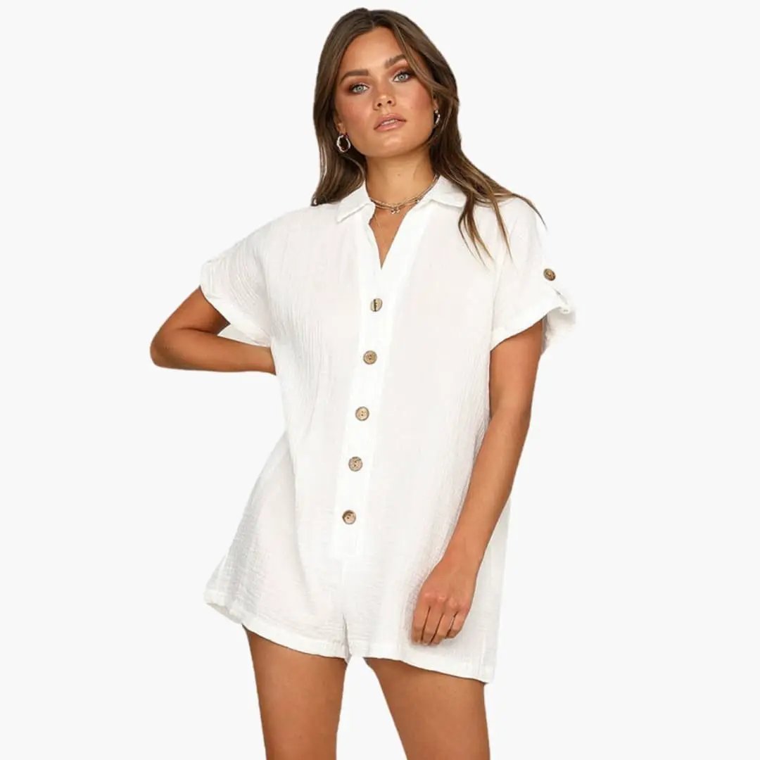 Women’s Jumpsuit by Wilfred Smith, white collared button-front with rolled sleeves and wooden buttons, one-piece