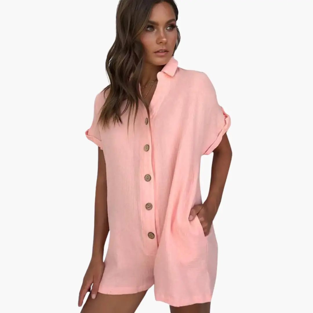 Women's pink collared button-front jumpsuit with rolled sleeves