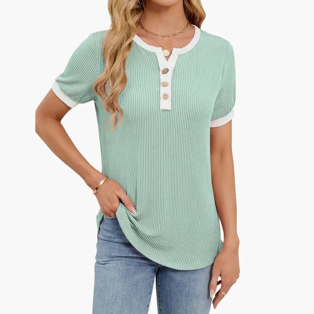 Women's Blend V-Neck Short Sleeve T-Shirt in mint green with ribbed knit texture