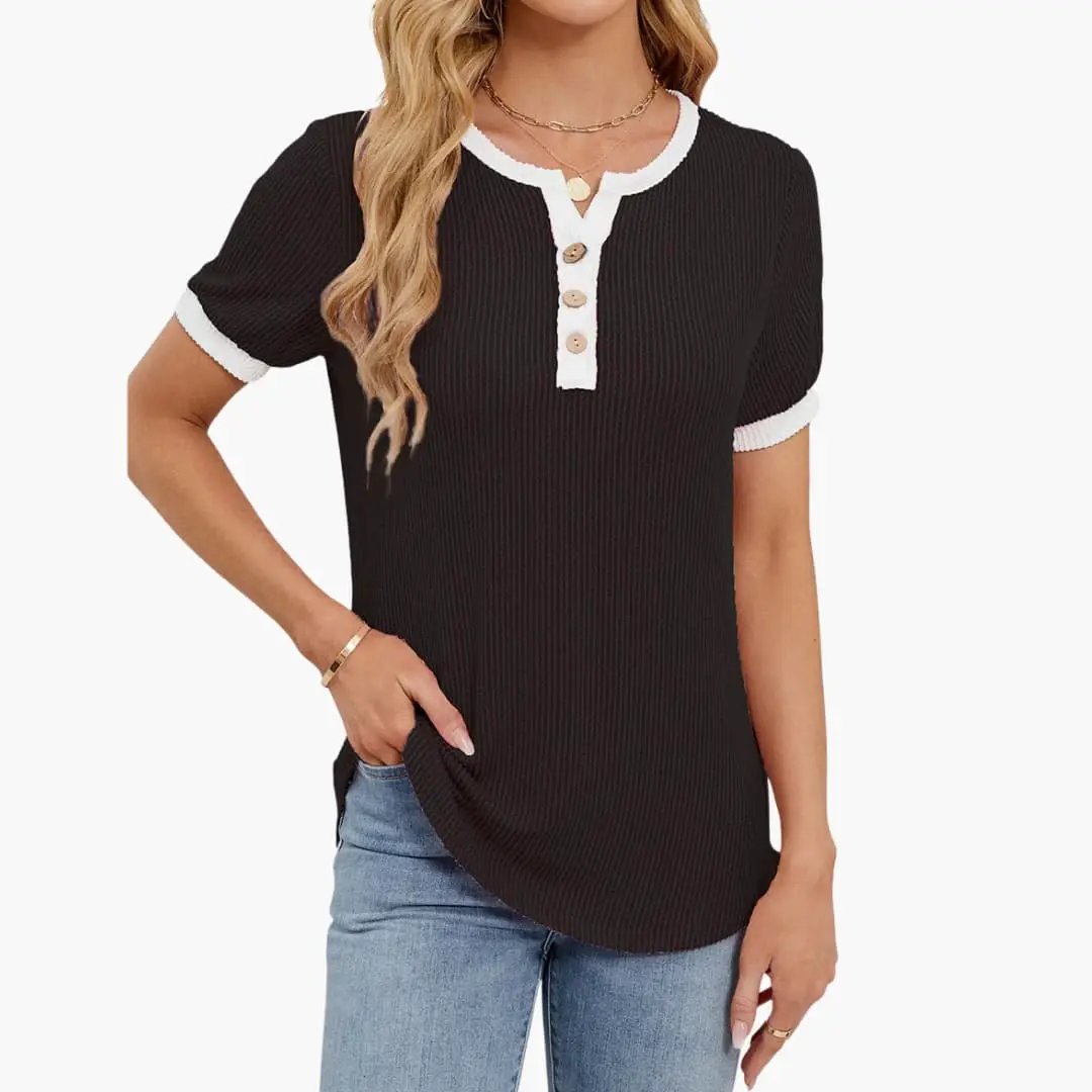 Women’s Blend V-Neck Short Sleeve T-Shirt in black with white ribbed trim and button placket