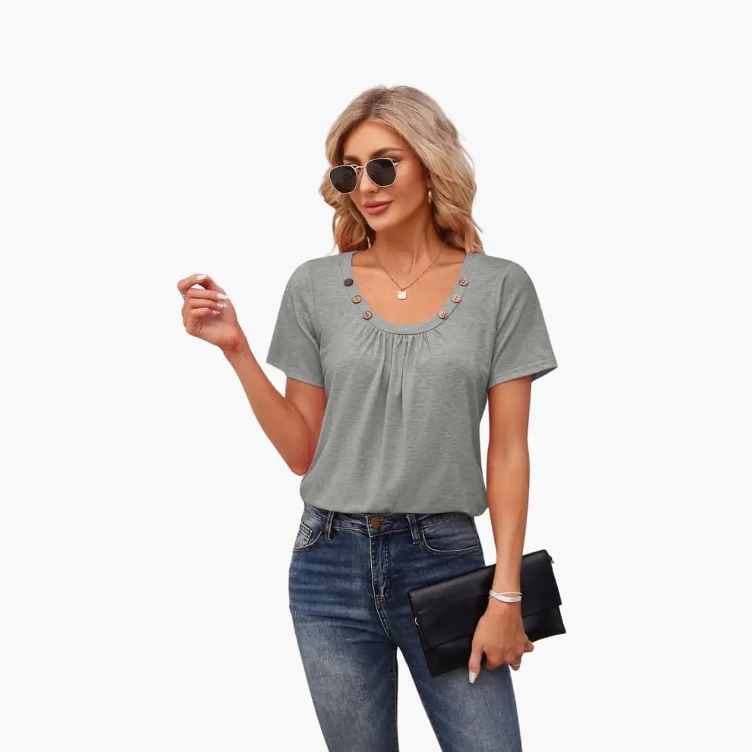 Women's T-shirt, grey short-sleeve with decorative button-front neckline