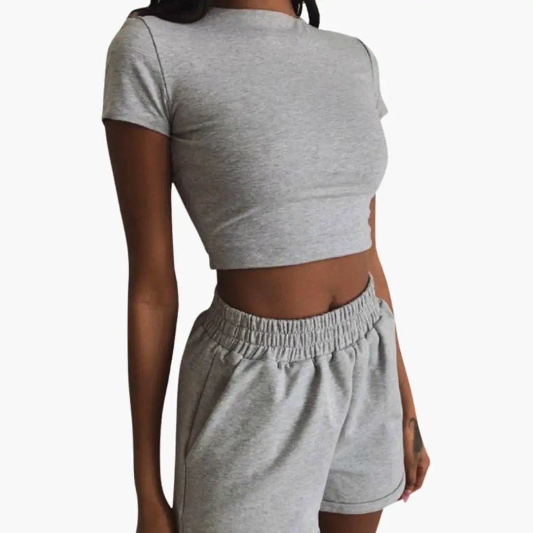 Women's two-piece outfit set by Wilfred Smith: gray cropped top and elastic-waist shorts