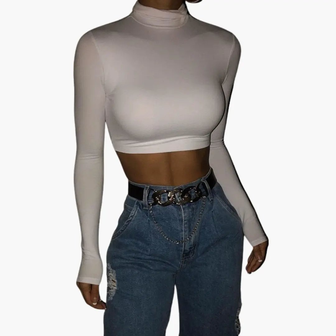 Women’s crop top with high collar and long sleeves in white