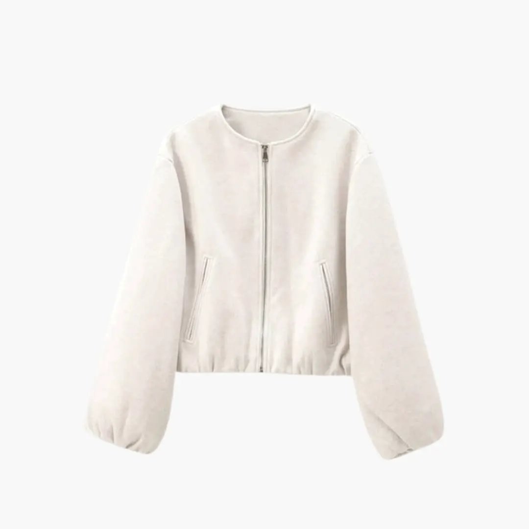 Women’s cropped bomber jacket with balloon sleeves and front zip in cream
