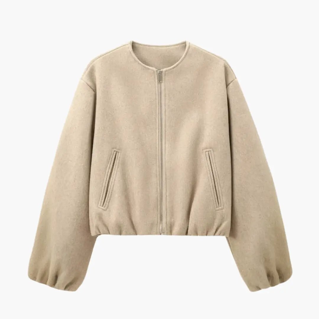 Wilfred Smith Women’s Cropped Bomber Jacket with balloon sleeves, beige fabric, zip front