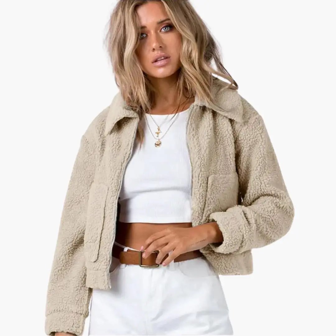 Women’s cropped fleece bomber jacket in beige with zip front