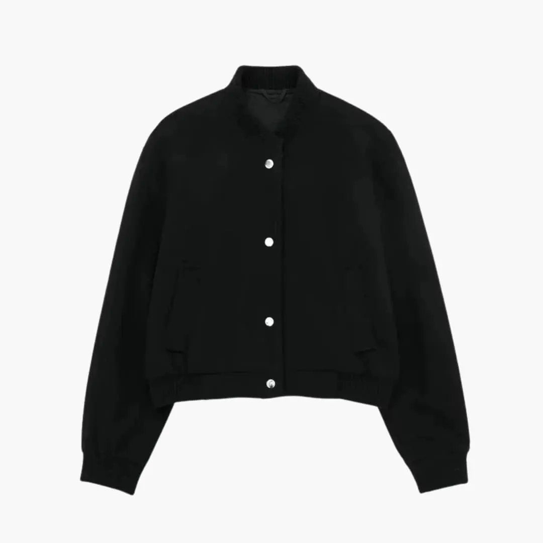 Women’s cropped bomber jacket with front snaps and pockets in black