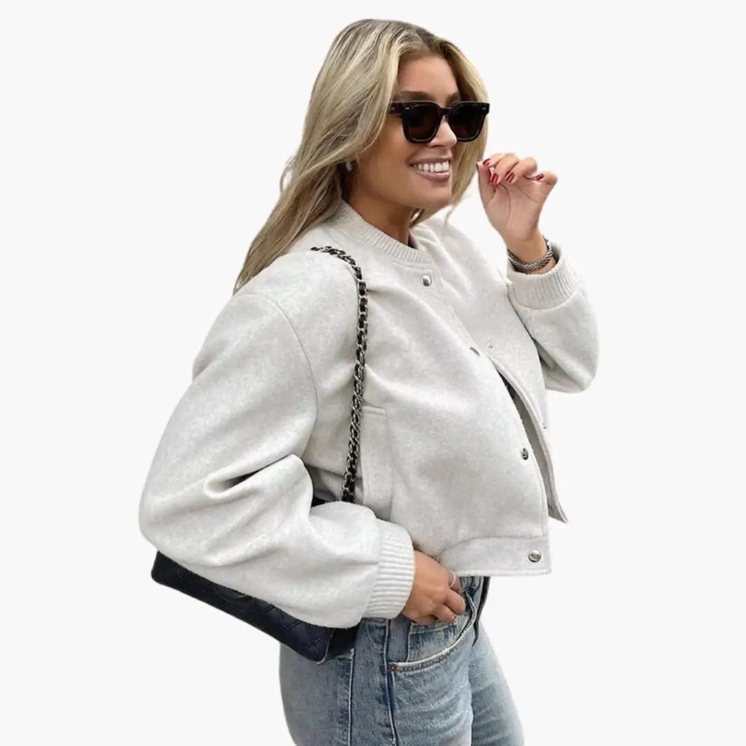 Women's Cropped Bomber Jacket with Zip Front and Pockets in light gray