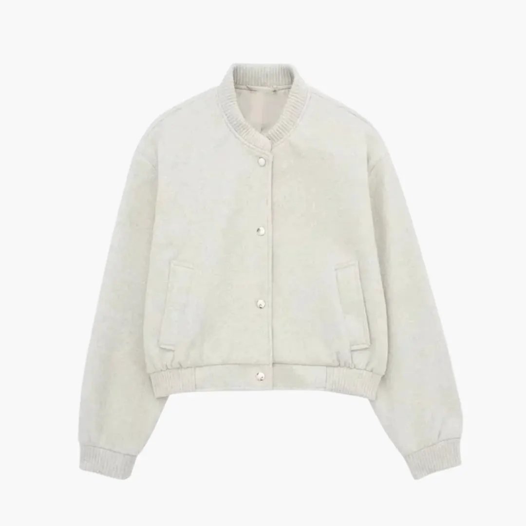 Women's cropped bomber jacket with zip front and pockets in light gray by Wilfred Smith