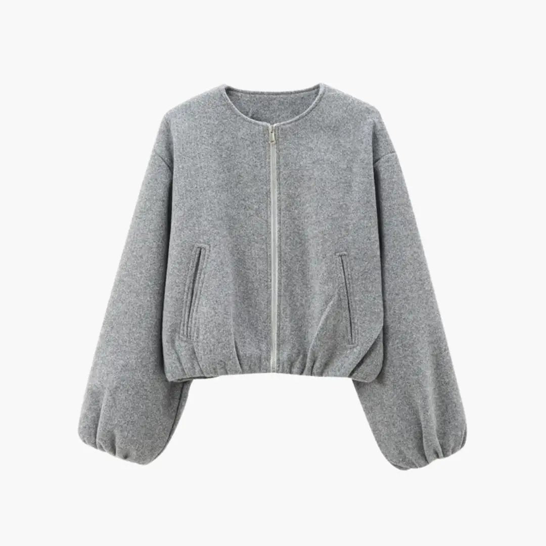 Women's cropped bomber jacket by Wilfred Smith in gray, zip-front with elastic waist and puff sleeves