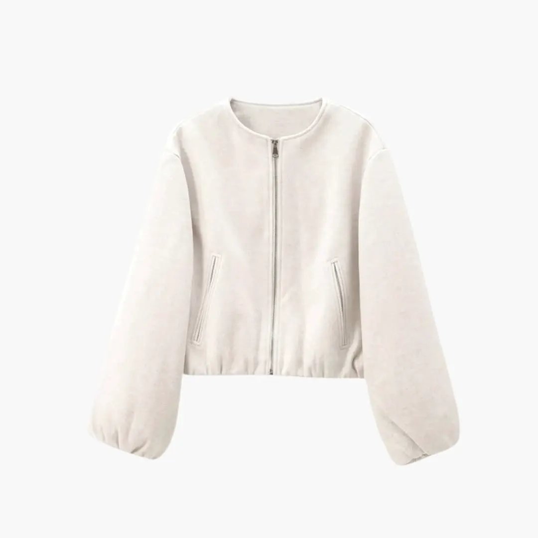 Women’s cropped bomber jacket in beige with zipper closure, front pockets and puff sleeves