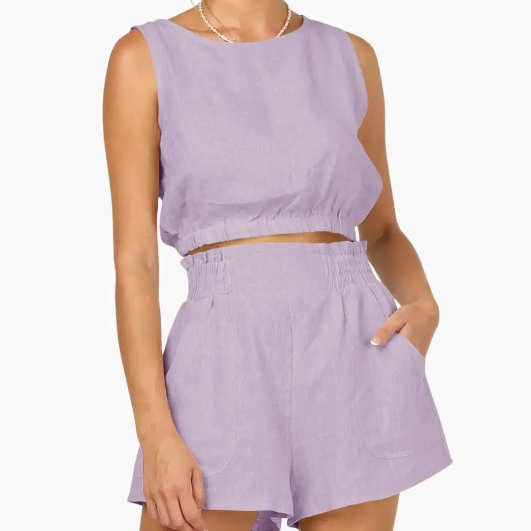 Women's Drawstring Hem Top and Elastic Waist Shorts Two-Piece Set in lavender by Wilfred Smith