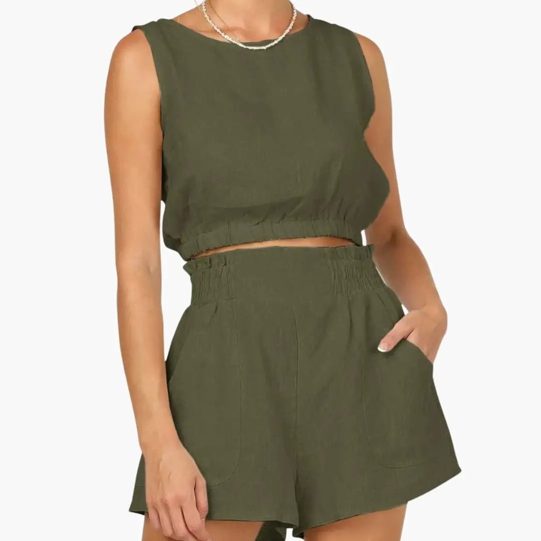 Women's two-piece set: olive green drawstring-hem top and elastic waist shorts by Wilfred Smith