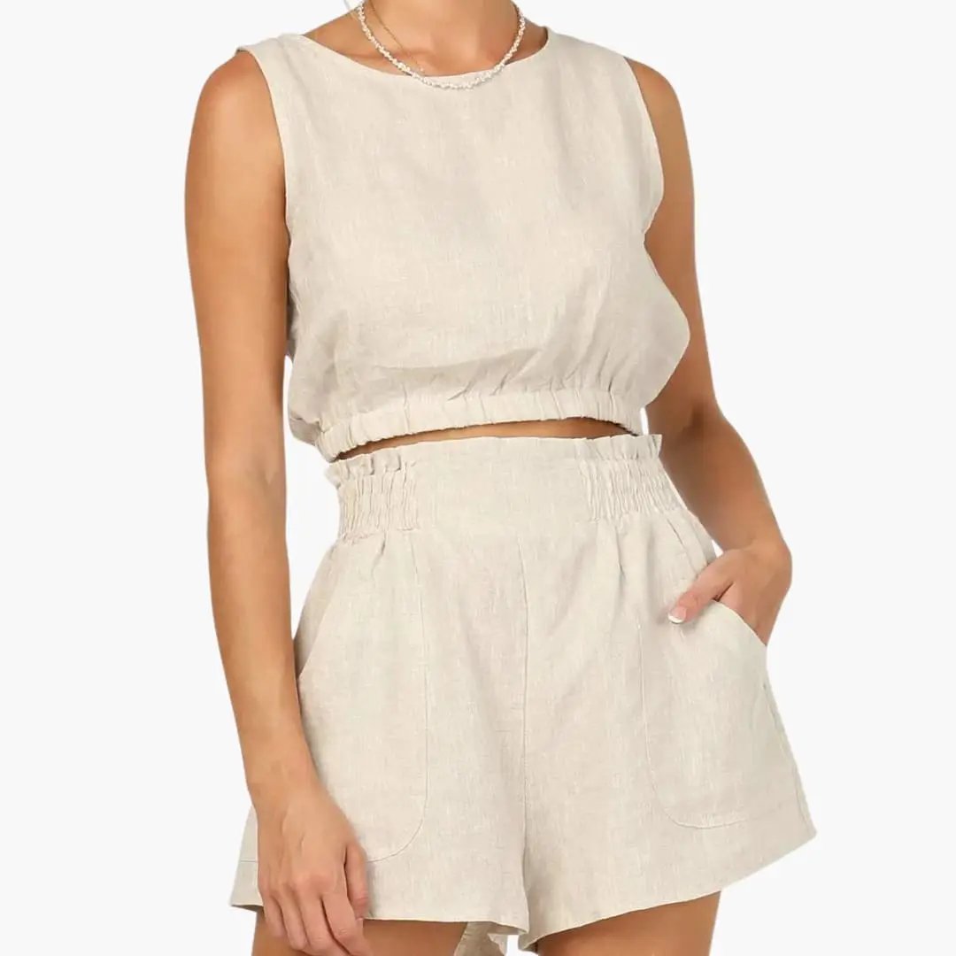 Women's Drawstring Hem Top and Elastic-Waist Shorts Two-Piece Set by Wilfred Smith in beige linen fabric