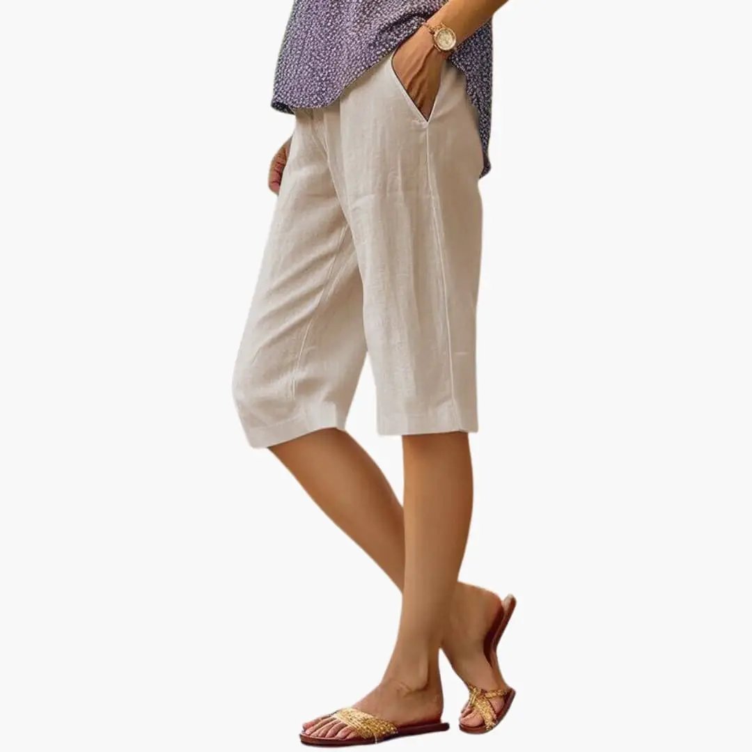 Women's Drawstring Shorts with Pockets, beige relaxed-fit short trousers