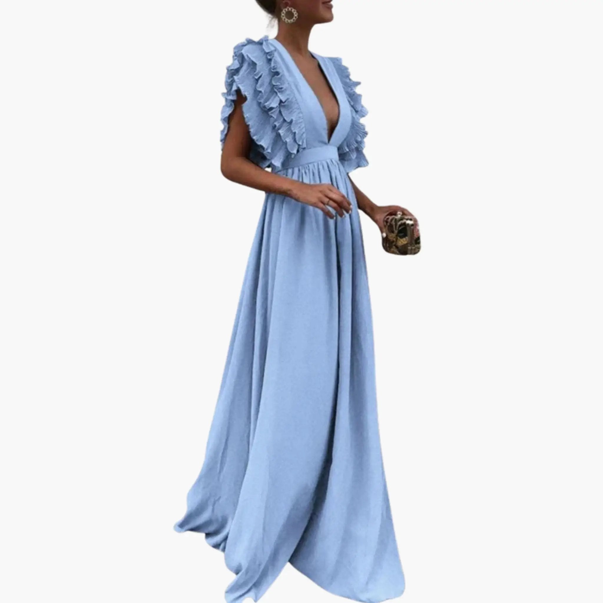 Women’s blue mid-length dress with ruffled sleeves and deep V-neck, woven fabric.