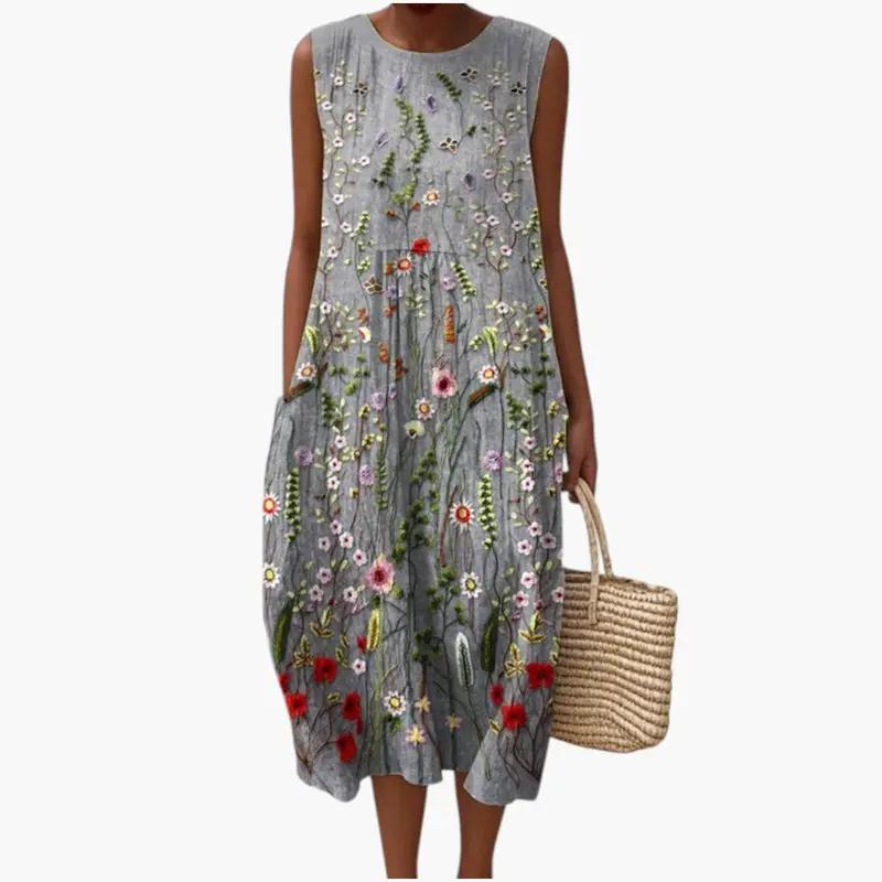 Women's sleeveless floral-embroidered midi dress by Wilfred Smith in grey, loose fit