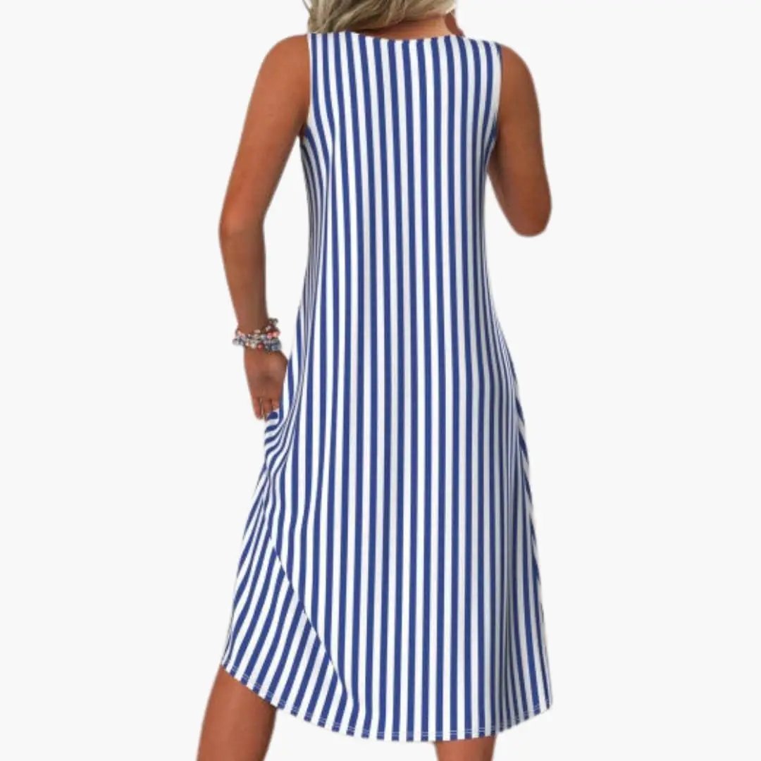Women's sleeveless striped dress, back view, blue and white vertical stripes, mid-length