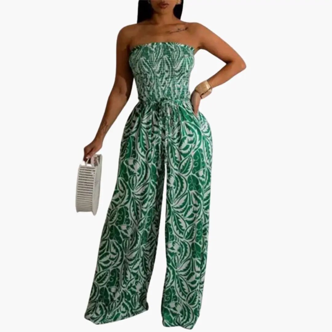 Women's Elastic Top Wide Leg Jumpsuit in green leafy print by Wilfred Smith