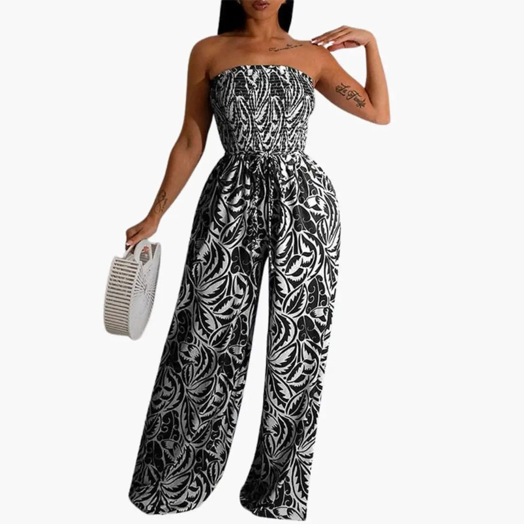 Women's Elastic Top Wide-Leg Jumpsuit by Wilfred Smith, black-and-white botanical print