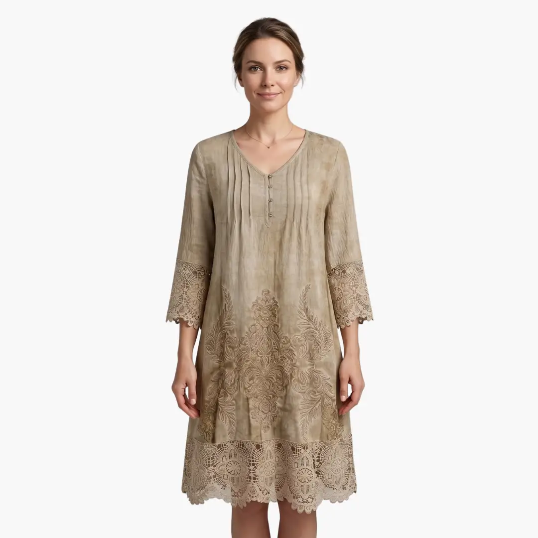 Women’s embroidered midi dress in beige with lace-trim sleeves and hem
